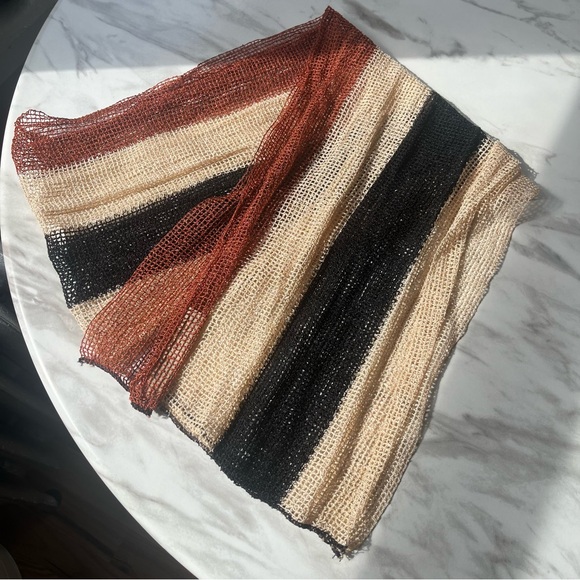 Accessory Street Accessories - Vintage Accessory Street ITALY Mesh Striped Knit Scarf in Black Cream Brown VTG